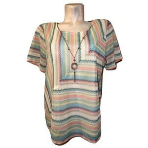 Alfred Dunner Multi Color Striped Short Sleeve Top with Removable Necklace L